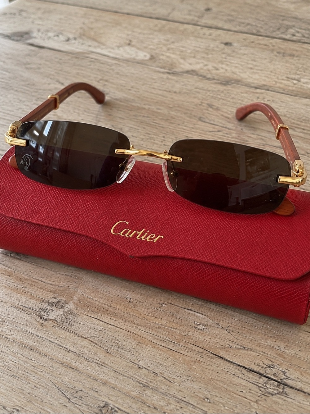 Vintage Cartier T8101053 Gold & Wood Sunglasses 53 Made in France